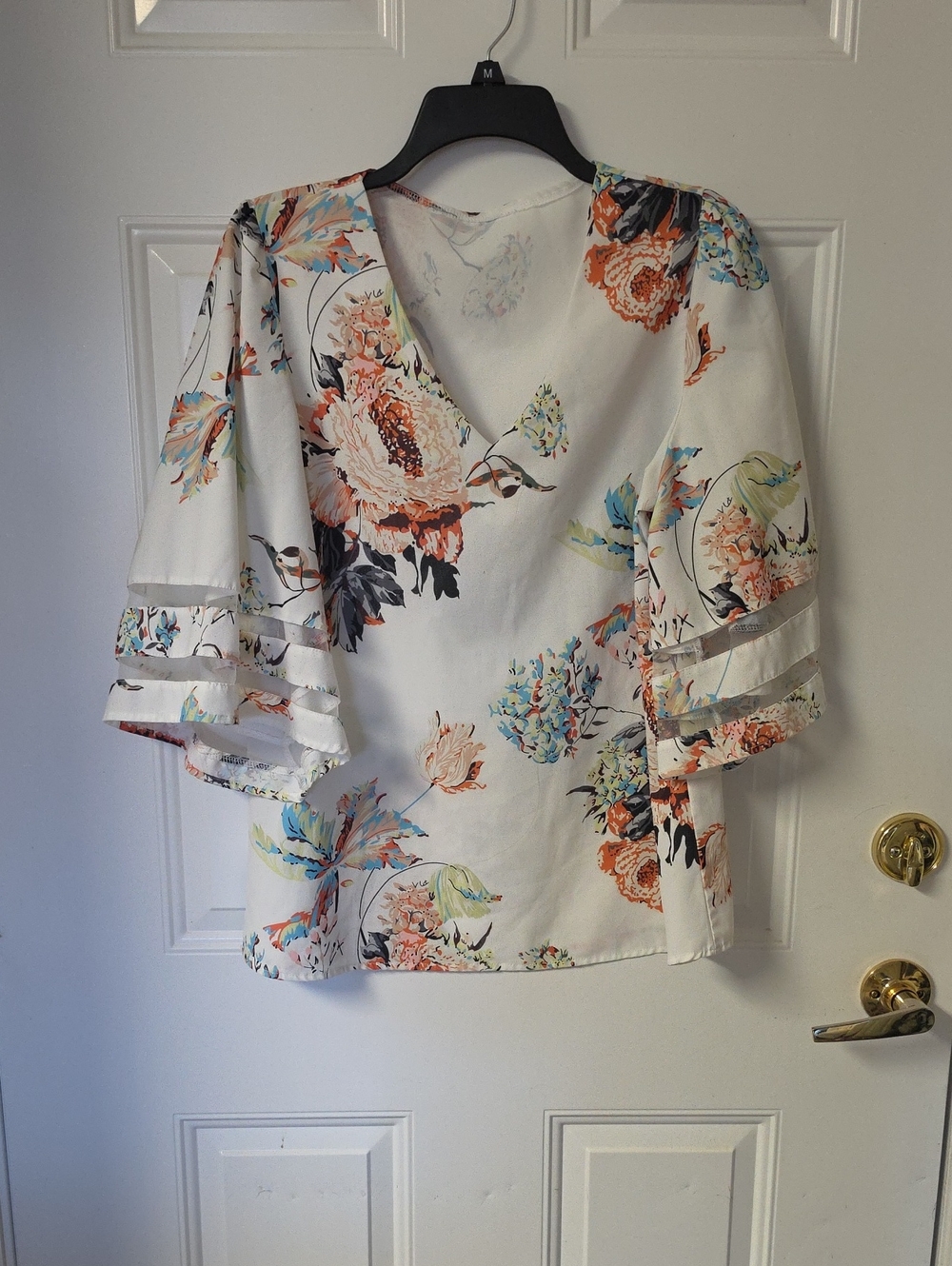 White Floral V-Neck Flutter Sleeve Blouse
